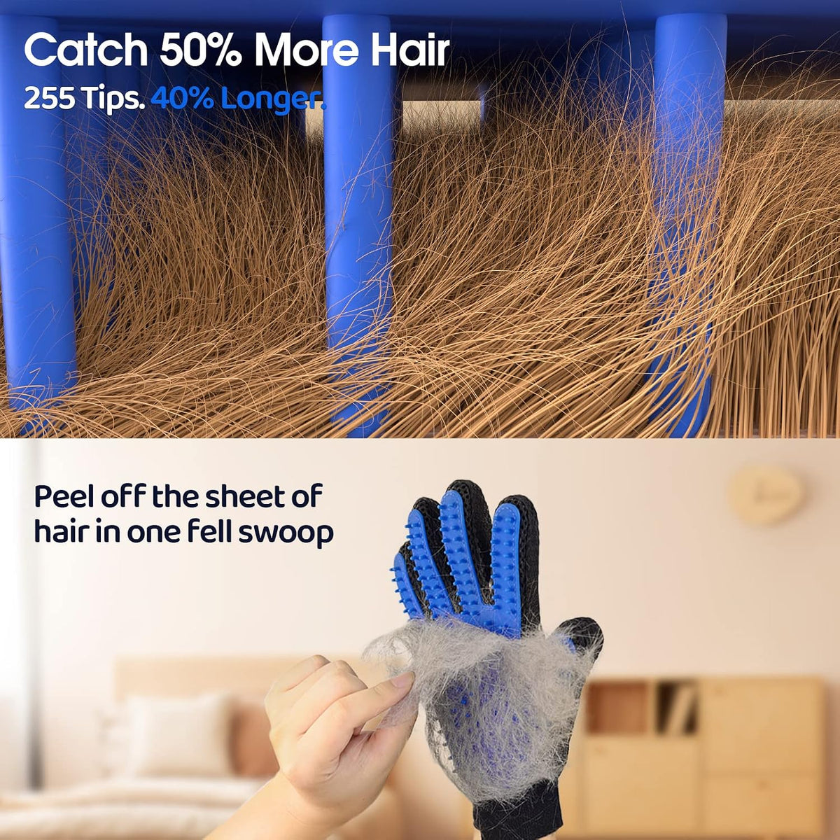 Silicone grooming tips collecting loose pet hair