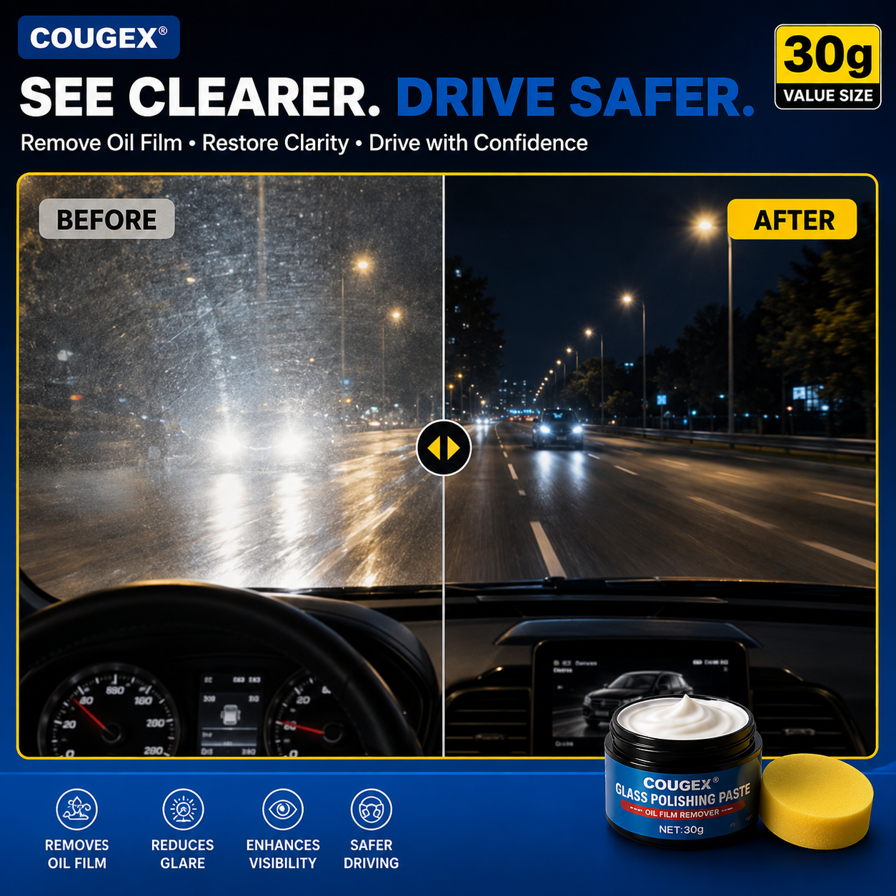 🔥Buy 1 Get 1 Free🔥Car Glass Oil Film Remover – Eliminates Glare & Wiper Smears, Repels Rain, Works on All Glass – Sponge Included! 🚗