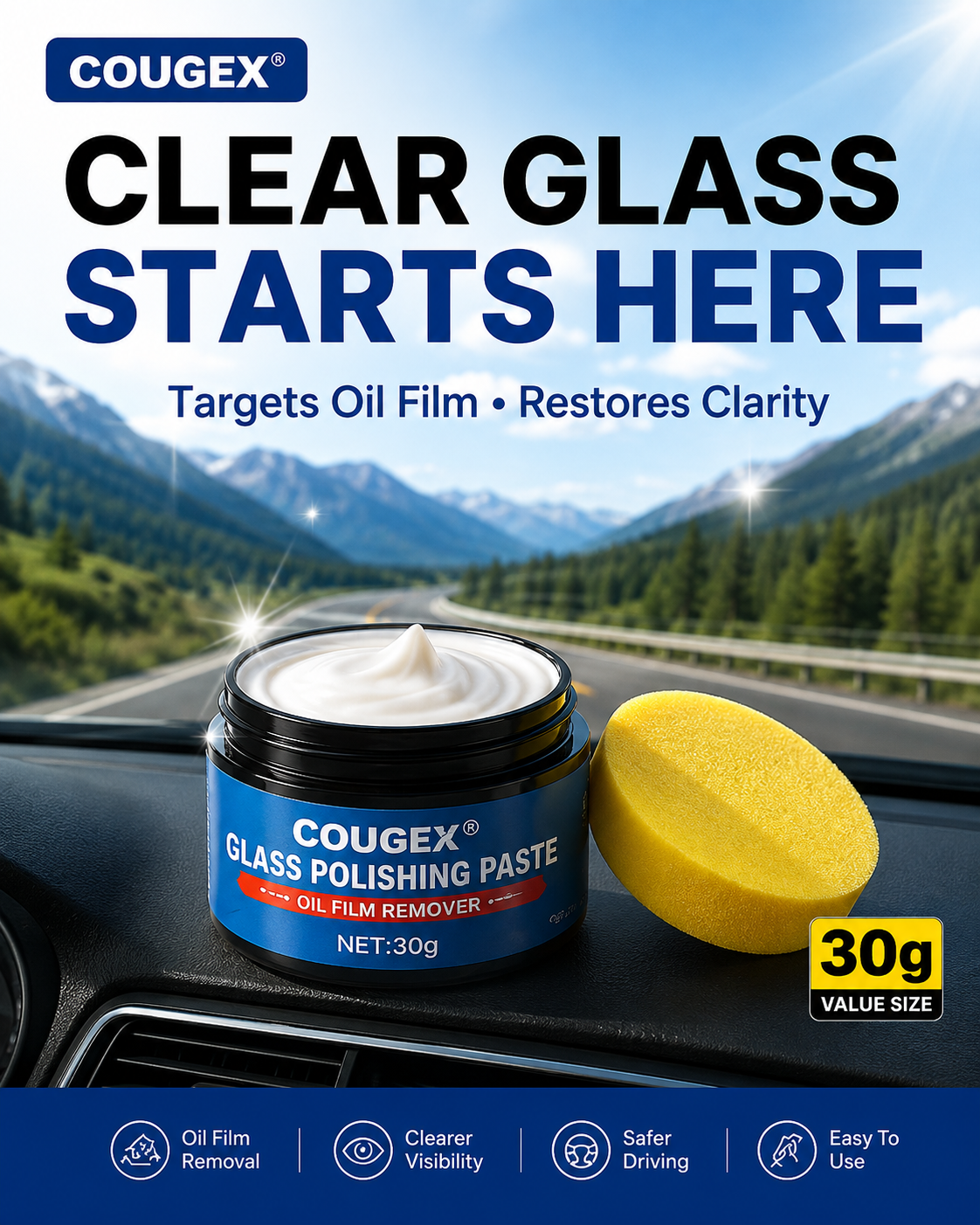 🔥Buy 1 Get 1 Free🔥Car Glass Oil Film Remover – Eliminates Glare & Wiper Smears, Repels Rain, Works on All Glass – Sponge Included! 🚗