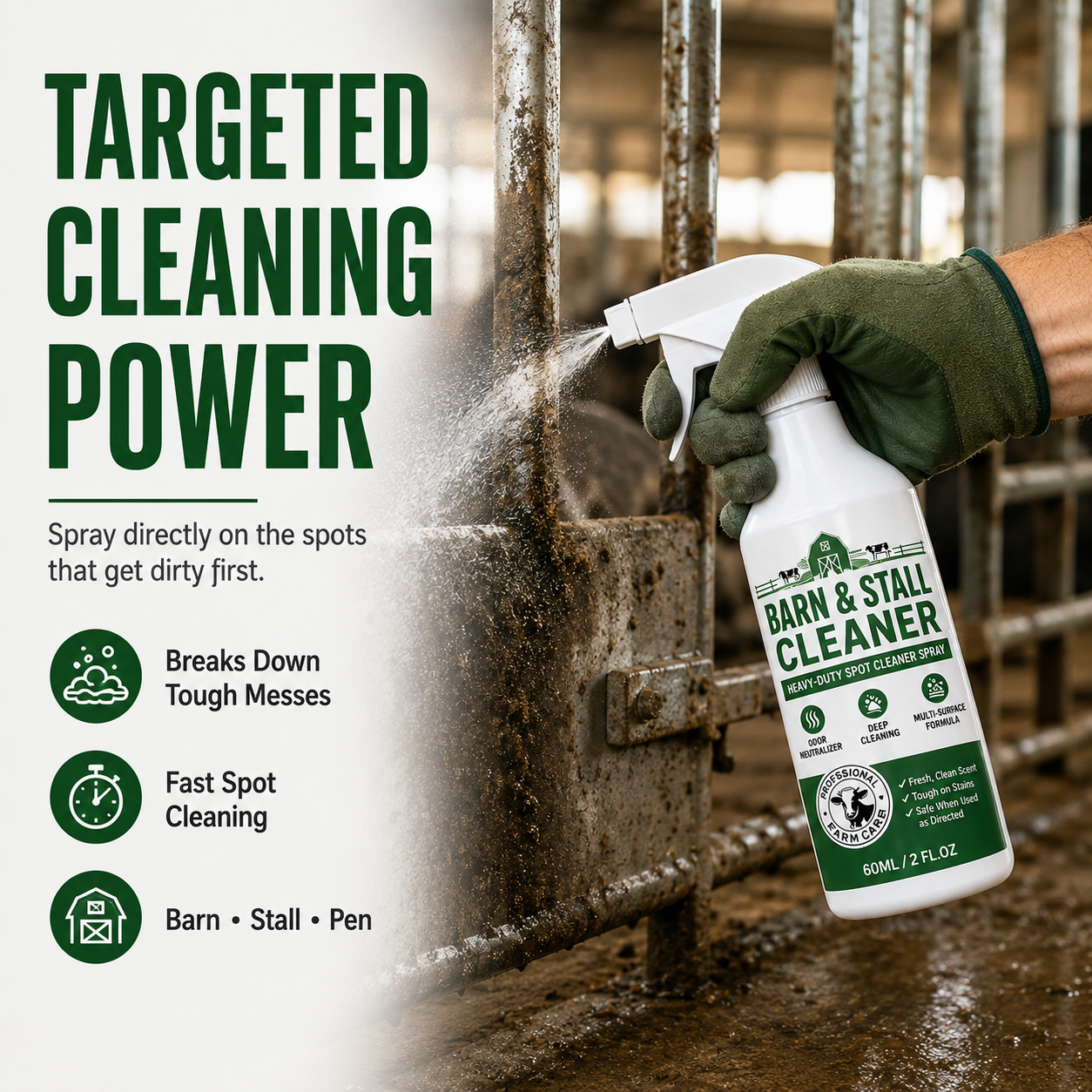 🔥 BUY 1 GET 1 FREE✨Heavy-Duty Barn & Stall Cleaner Spray – Cow Barns, Horse Stalls, Pens, Gates & Livestock Trailers