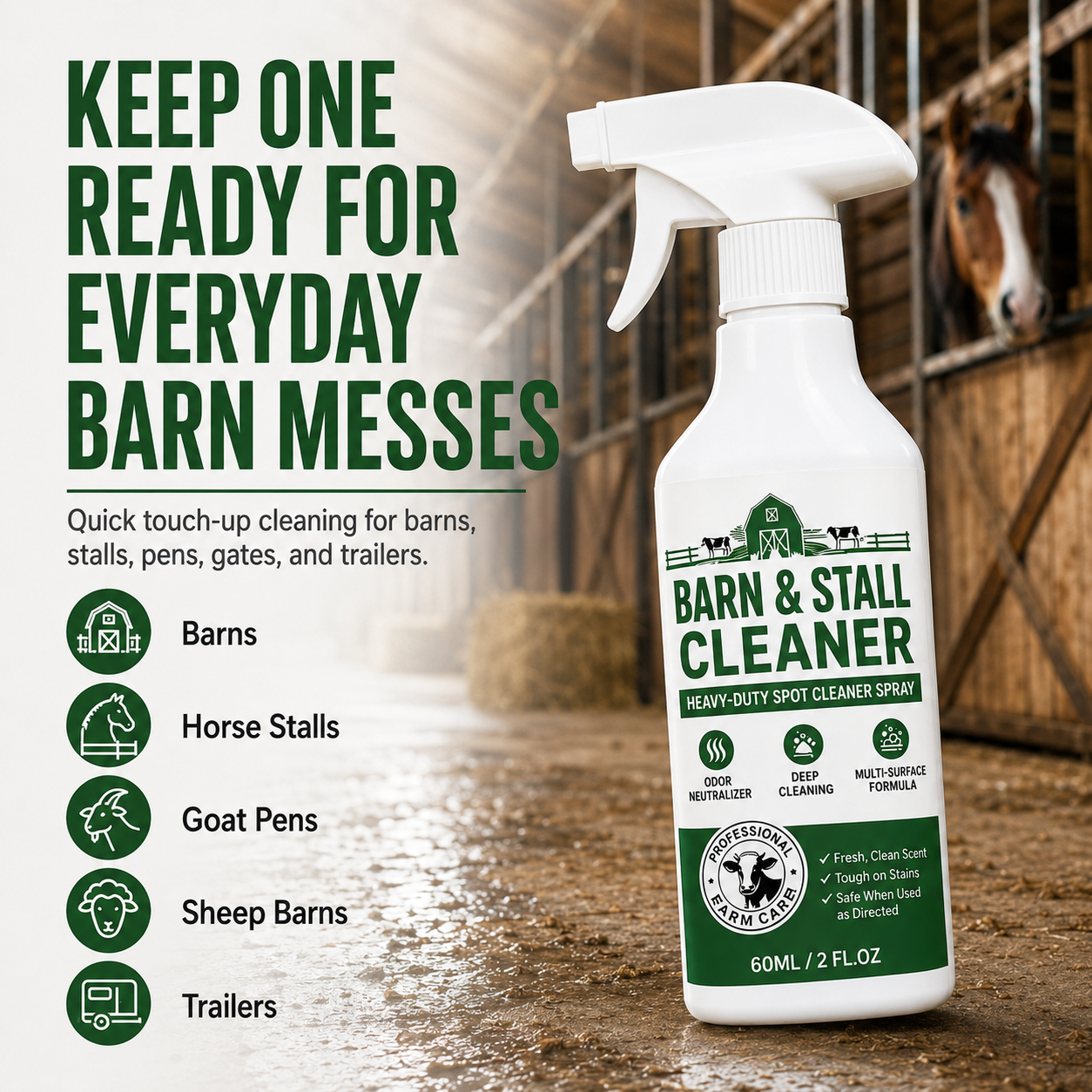 🔥 BUY 1 GET 1 FREE✨Heavy-Duty Barn & Stall Cleaner Spray – Cow Barns, Horse Stalls, Pens, Gates & Livestock Trailers