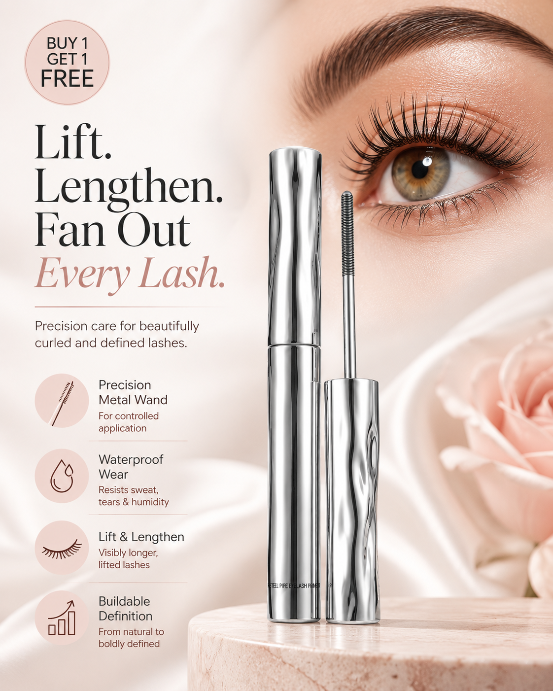 🔥 BUY 1 GET 1 FREE ✨ Precision Metal Wand Waterproof Mascara — Lift, Lengthen & Define Every Lash