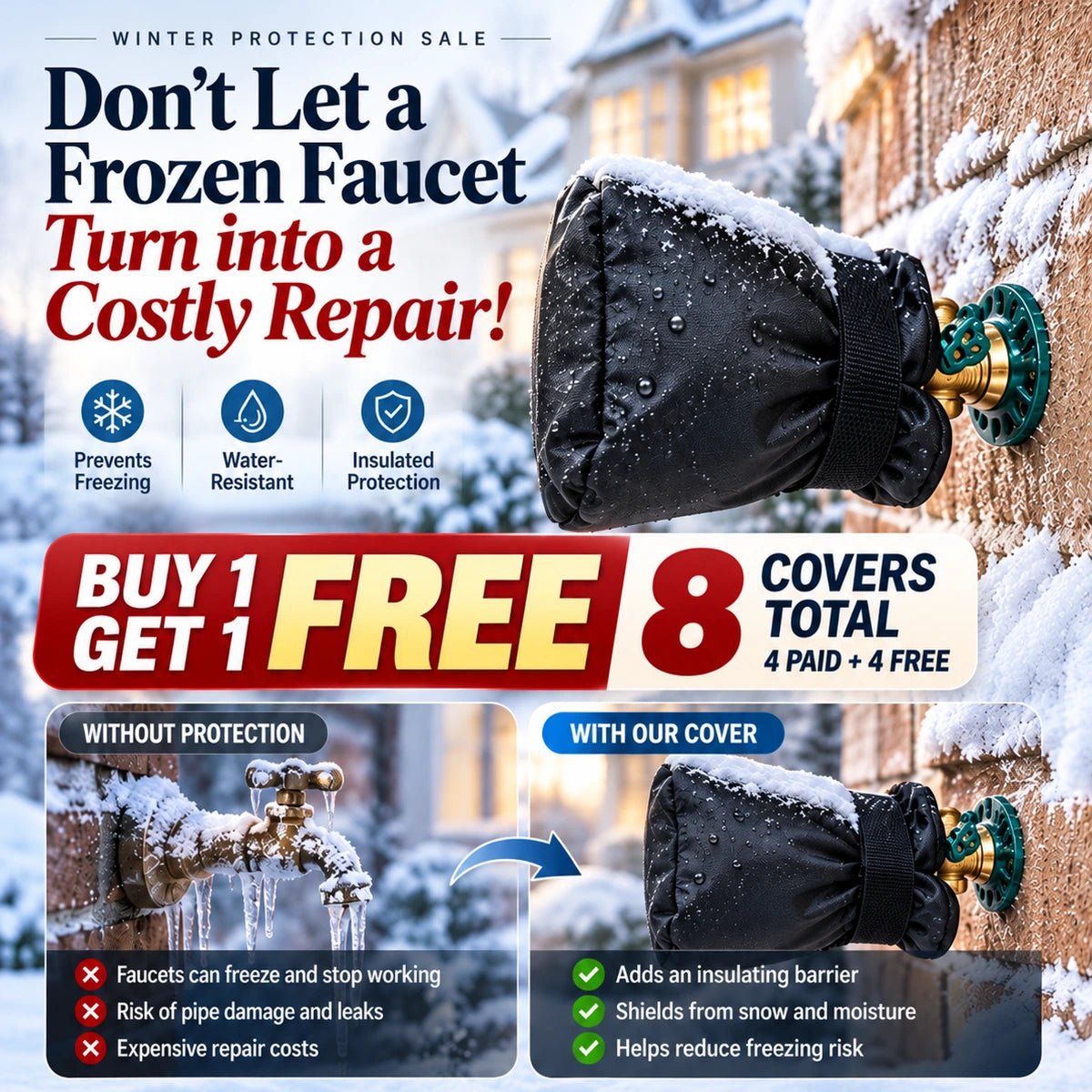Insulated outdoor faucet cover in winter conditions